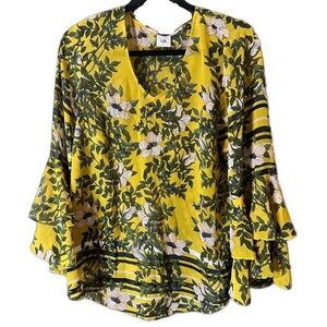 Cabi Women’s Spring Scene Blouse Golden Yellow Floral Bell Sleeve Boho Sz L
